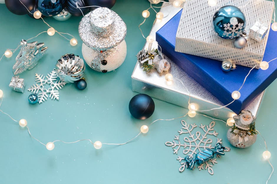 A vibrant overhead view of Christmas decorations and gift boxes, perfect for festive celebrations.