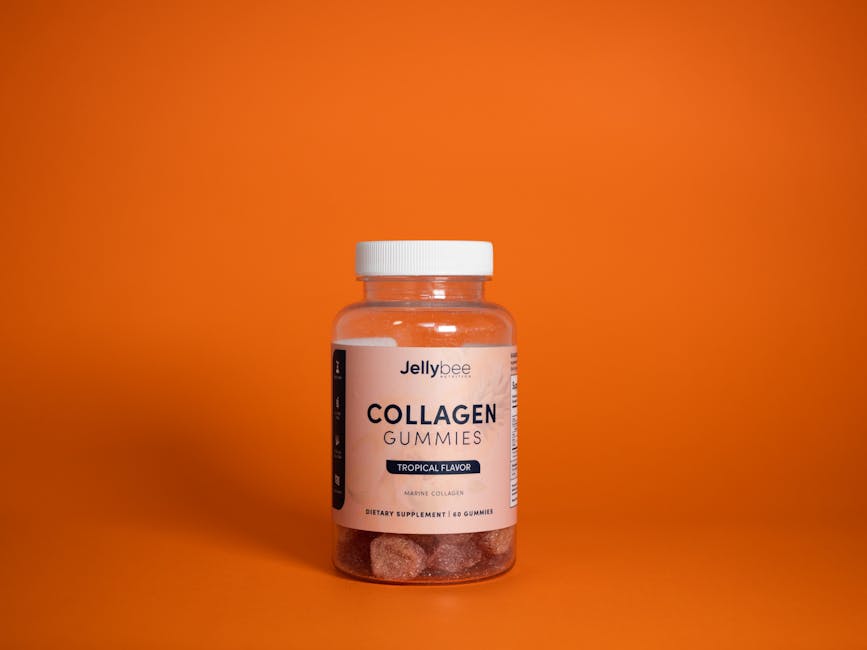 Jellybee Collagen Gummies tropical flavor in a plastic bottle on an orange background.